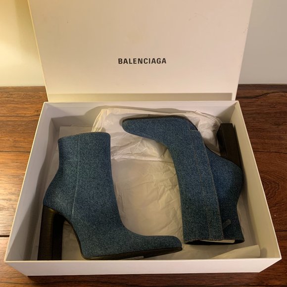 Balenciaga Blue Denim Block-Heel Ankle Booties - Picture 1 of 8